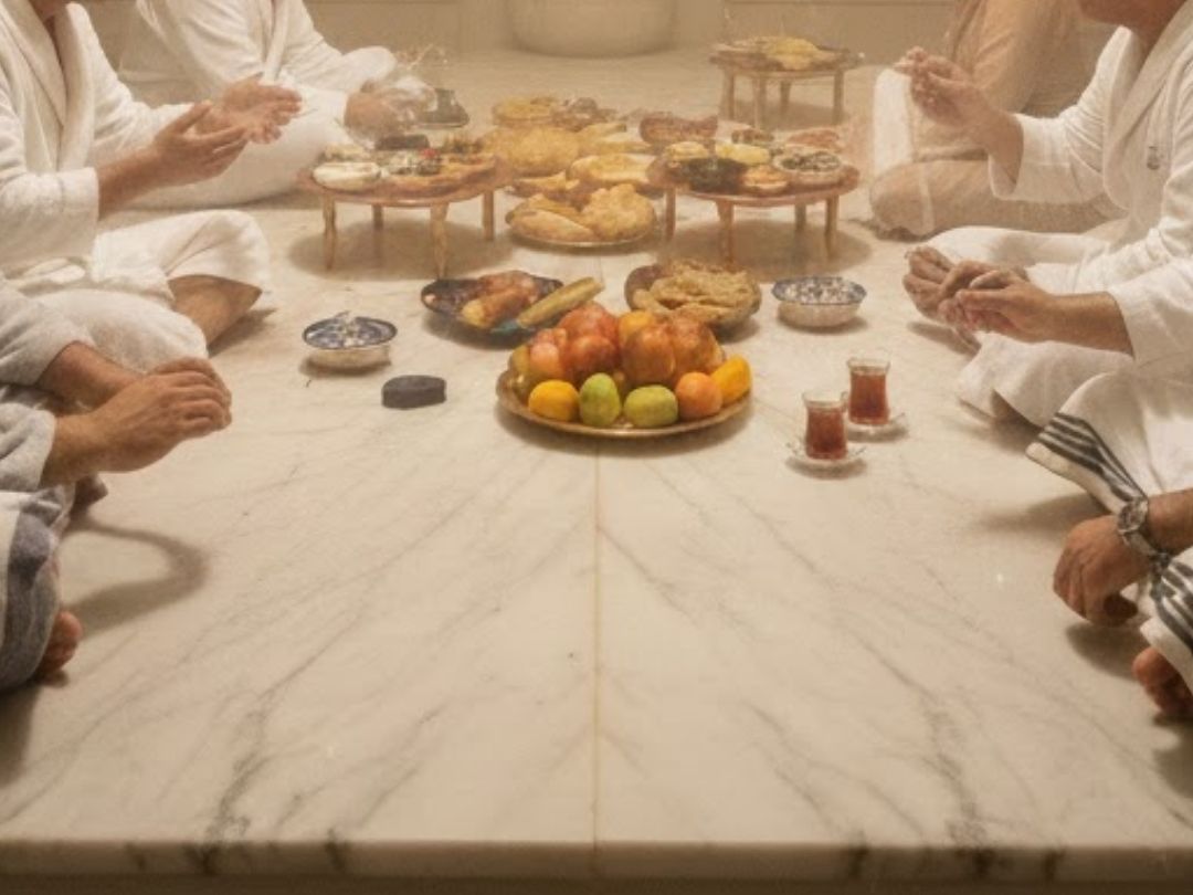 Historical illustration of men in a hammam