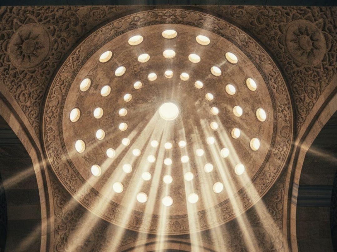 Sunlight filtering through a hammam dome